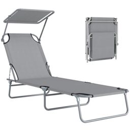 Outsunny Folding Sun Lounger with Canopy, Reclining Sunbed with 4-Position Adjustable Backrest, 600D Oxford Cloth, Portable Garden Lounger Recliner Chair for Beach, Camping, Patio, Light Grey