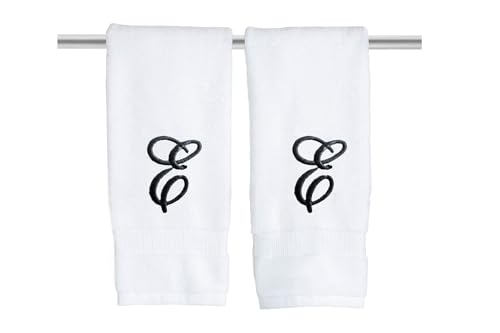 Decorvo White Monogrammed Hand Towels for Bathroom - Luxury Hotel Quality Personalized Initial Embroidered Towel for Powder Room, Spa - GOTS Organic Certified - Set of 2 Black Letter E