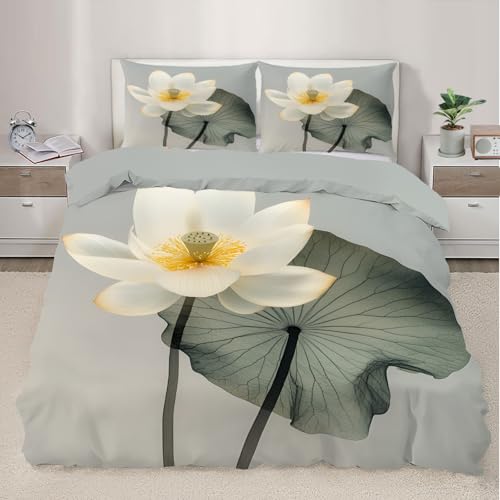 QINYUN Lotus Floral Duvet Cover Queen Size, White Lotus Bedding Set 3 Piece Bedroom Decor Leaf Comforter Cover and 2 Pillow Sham with Zipper Closure