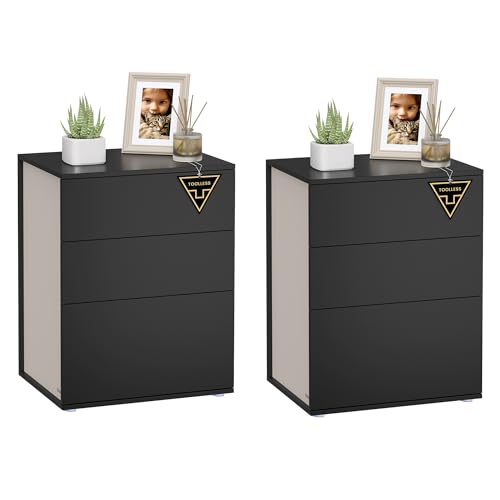 VASAGLE 2 Set Bedside Tables with 3 Drawers, Superfast Toolless Assembly, Bed Side Cabinet Nightstand, Black Chest Of Drawers for Bedroom/Living Room, LET779B01