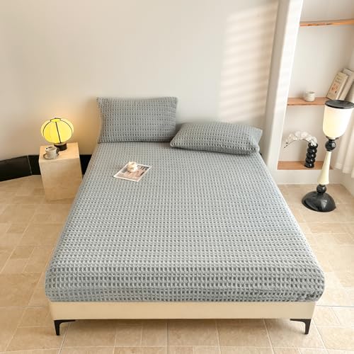 "Waffle Weave Queen Fitted Sheet Deep Pocket 15"" - Ultra Soft Textured Bed Sheet with Elastic All Around - Breathable Hotel Quality Bedding, Stone Grey"