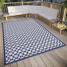 freundin Home Collection Antonia Indoor & Outdoor Rug - Design Flat Weave Geometric Pattern, Weatherproof Outdoor Rug for Living Room, Hallway, Balcony, Patio, Garden - Cream Blue, 80 x 150 cm