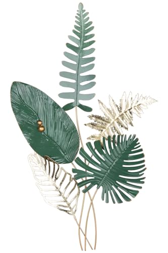 GILDE Decorative Wall Relief Wall Decoration XXL - 3D Metal Picture Leaves Fern - Decoration Living Room - Colours: Green Gold - 54 x 90 cm