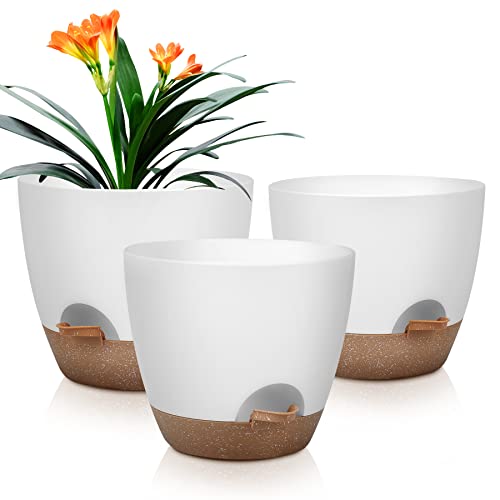 QRRICA Plant Pots 10/9/8 Inch Self Watering Pots, Set of 3 Plastic Planters with Drainage Holes and Saucers,Plastic Flower Pots,Nursery Planting Pot for Indoor Out Door Plants???White???
