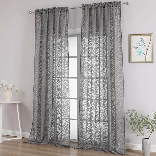 OVZME Extra Wide Sheer Black Curtains 120 Inches Long 2 Panels Set, Light Filtering Soft Airy Semi Sheer Leaf Jacquard Farmhouse Curtains for Living Room, Dual Rod Pocket Design, 2x52Wx120L Inches