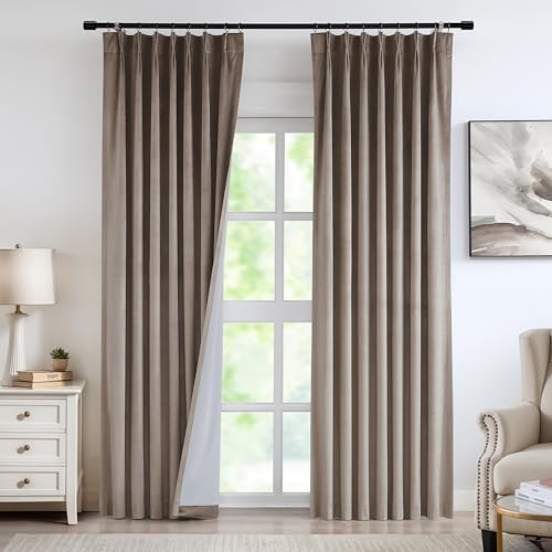 "Vision Home Mocha Tan Velvet Pinch Pleated Blackout Curtains 95% Room Darkening Window Curtains 90 inch for Living Room Bedroom Thermal Insulated Velvet Pleat Drapes Pin Hooks Back Tab 40"" Wx90 Lx2"