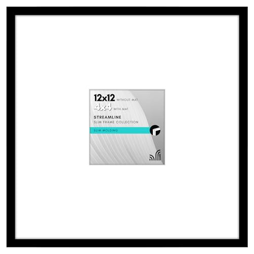 Americanflat 12x12 Picture Frame with Polished Plexiglass - Use as 4x4 Frame with Mat or 12x12 Frame Without Mat - Streamline Collection - Thin Picture Frame for Wall Display - Black
