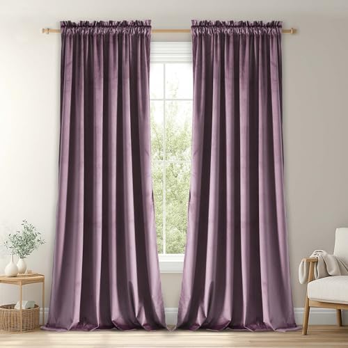JIUZHEN Lavender Velvet Curtains for Bedroom - 84 inches Thermal Insulated Room Darkening Rod Pocket Blackout Drapes for Ofiice/Closet, Set of 2 Panels with Tiebacks, 60W x 84L