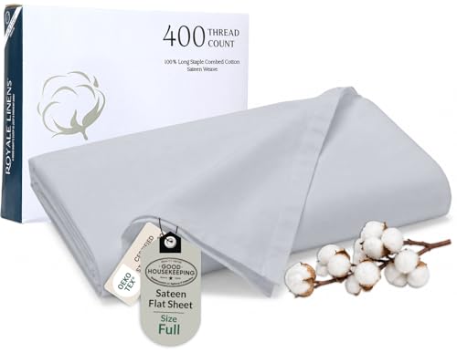 400 Thread Count 100% American Grown Cotton Flat Sheet - Cooling Sheets - Full Sheets - Luxury Sateen Weave - Full Flat Sheet Sold Separately - Soft Silver Flat Sheet Only (Full, Spanish Silver)