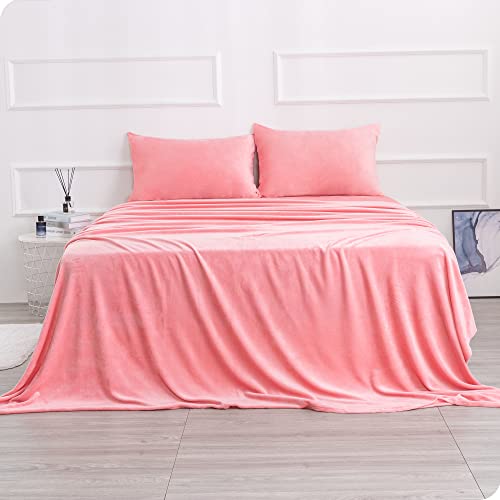 Fleece Twin Sheets Micro Fleece Bed Sheet Set, Velvet Plush Sheets and Pillowcase Set with Extra Deep Pockets, Extra Soft, No Pilling and Cozy Warmth for All Season (Twin,Pink Color,3 Piece)