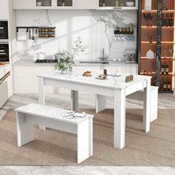 Ball & Cast Dining Table Set with 2 Benches, 108cmL Artificial Marble Kitchen Tables for Small Spaces, Modern Wood Dining-Room Set, Compact 4-Seater Breakfast Nook Set, White