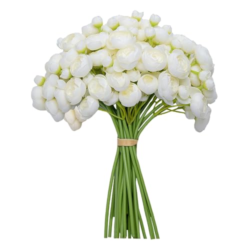 Meldel Ranunculus Artificial Flower 32 Pcs Set, Ivory White Faux Silk Mini Ranunculus Flowers for DIY Bouquet, Bulk Fake Wedding Filler Flowers for Centerpieces Arrangements Bridal Shower Decorations