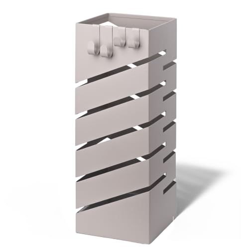 VOUNOT® Metal Umbrella Stand, Square Umbrella Holder, Freestanding Umbrella Storage Rack with Drip Tray & 4 Hooks, Diagonal Pattern for Entryway, Home, Office, 15.5 x 15.5 x 43.5 cm, Beige