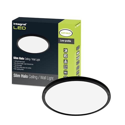 Integral LED 15W 1300LM Dimmable Halo Ceiling and Wall Light - 241mm Diameter - Modern Super-Slim Circular Design and Black Bezel - Ideal for Bedroom, Kitchen, Living Room, Study and Corridor
