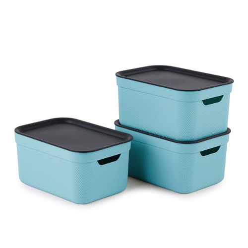 Set of 3 decorative boxes with lid A5 JIVE, colour - turquoise - Small Storage Box with Lid, Decorative A5 Design, Recycled Material, Stackable 3-Piece Set, Turquoise for Shelves at Home
