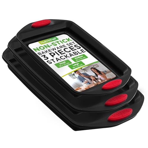 NutriChef Baking Trays for Oven Nonstick 3 Piece Set ??? Stackble Carbon Steel with Red Silicone Handles, Large Medium Small Baking Sheets, PFOA PFOS PTFE Free
