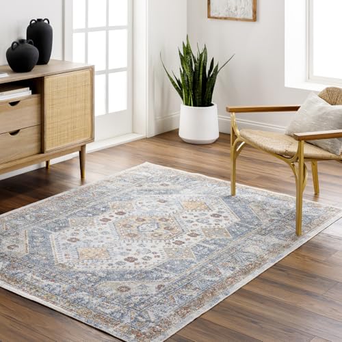 Livabliss Alka Enefis Machine Washable Floor Covering 140x200 cm – Vintage Boho Design for Living Room, Kitchen, Outdoor & Hallway, Blue, Brown & Beige