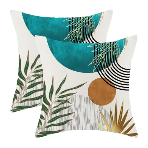 Boho Pillow Covers 16x16 Inch 2 Pcs,Aqua Teal Green Gold Tropical Leaf Summer Outdoor Decorative Throw Pillows,Mid Century Abstract Farmhouse Decor Pillowcase Linen Cushion Cover for Couch Sofa