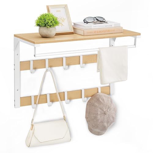 VASAGLE Coat Rack Wall Mounted, with Shelf, Clothes Rail, 10 Hooks - Hat Rack, Key Hooks Wall Mounted, 65 x 30 x 42 cm, for Hallway, Golden Oak and Pearl White, Colex Collection, LCR101W09