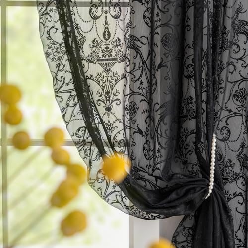 TUDECO Black Lace Curtains 63 Inch Length 2 Panels - Victorian Halloween Sheer Floral Gothic Curtains for Bedroom Whimsy Dark Academia Curtains Rod Pocket Privacy Window Curtains, 59 x 63 Inch, Black