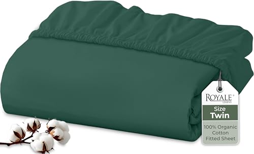 "Royale Linens 100% Organic Cotton Fitted Sheet - Percale Weave - Super Soft Deep Pocket Bottom Sheets - Elastic Sheet Twin Size - Twin Fitted Sheets Only - (39""x75""+15"", Hunter Green)"