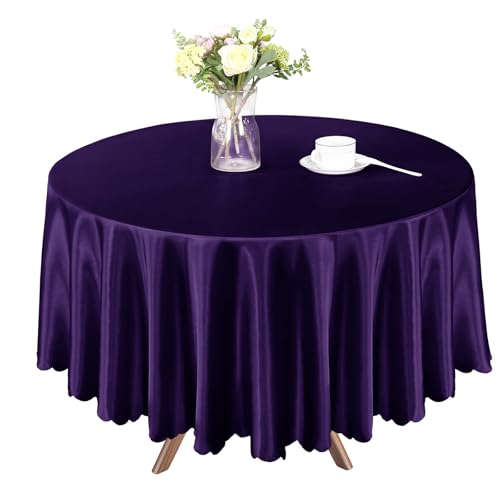 Homiest 72 Inch / 6ft Satin Round Tablecloth, Purple Table Cover - Pure Polyester Silky Satin, Elegant Wavy-Edge Seamless Design, Fade-Resistant Reusable, for Weddings Banquets and Parties