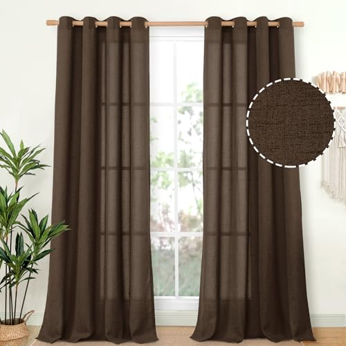 "YoungsTex Set of 2 Brown Linen Semi Sheer Curtain Panels with Bronze Grommets Light Filtering for Living Room, Bedroom, Dining Room, Farmhouse, 52"" W x 90"" L"