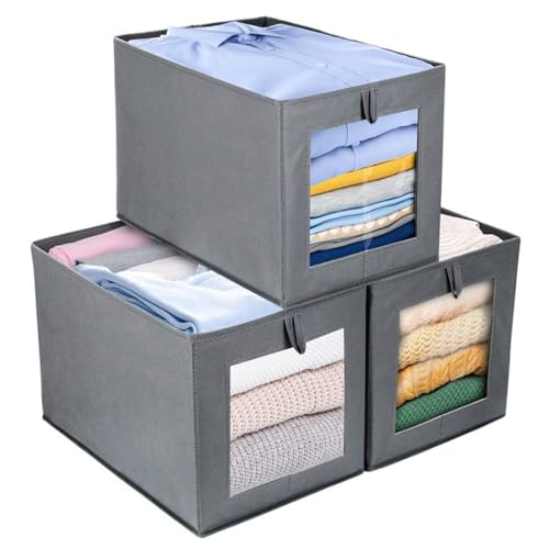 ASelected 3 PCS Foldable Storage Boxes with Transparent Window,Wardrobe Storage Organiser Fabric Clothes Organisers,Closet Storages Boxes with Handle for Wardrobe,Closet