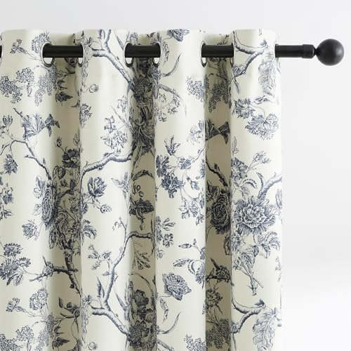 Melodieux Vintage Floral Blackout Curtains 84 Inches Long for Living Room, Bedroom French Country Farmhouse Drapes Cotton Thermal Insulated Grommet Toile Curtains, 52 by 84 in, Navy Blue, 2 Panels