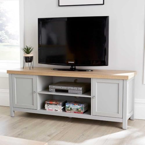 Home Source Avon TV Stand 130cm – Grey, Sonoma Oak Top, 2 Cupboards & Shelves - 130W x 39D x 50H cm - TV Unit Fits up to 55 Inch
