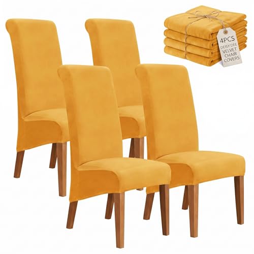 Deisy Dee Stretch XL/Oversized Extra Large Velvet Dining Room Chair Covers for Kitchen Dining???Removable Washable Chair Protectors Slipcovers (Golden Yellow, 4)