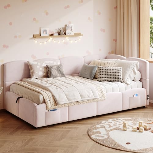 Merax 3FT Upholstered Single Sofa Bed Daybed with Slatted Frame, Hydraulic Storage and USB Charging Port, Velvet Children’s Ottoman Bed, 90 x 190 cm, Pink (Mattress Not Included)