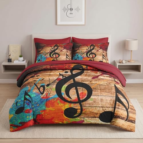 WeCozy 7 Pcs Queen Size Comforter Set with 2 Pillowcases & 2 Shams, Musical Music Disco Bedding for Kids and Adults, Black Retro Woodboard Bed in a Bag with Flat Fitted Sheet