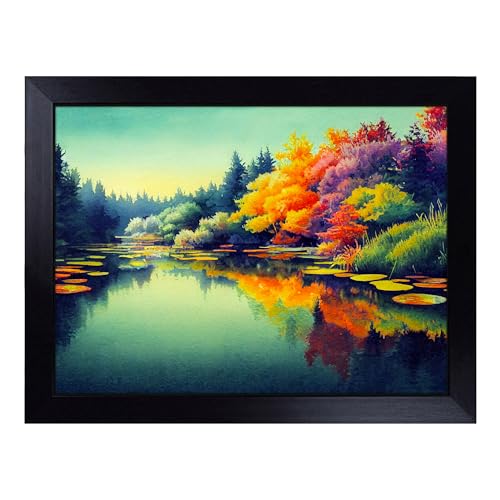 Lap Tray with Bean Bag Cushion, Colourful Watercolour Pond - Handmade in the UK, Raised Wooden Edge, Padded Cushion, Heat-Resistant Wipe-Clean Surface, for Meals, Laptops and Crafts