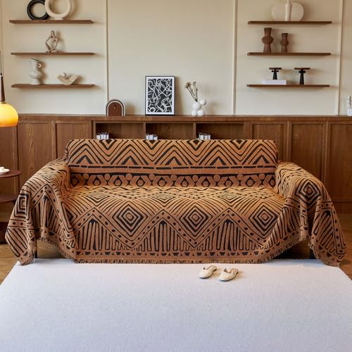 "VClife Boho Couch Covers Washable Sofa Cover for Sofa, Luxury Sectional Couch Cover Chenille for 2 Cushion Couch, Anti Slip Pet Sofa Slipcover Dog Couch Cover Throw, Black Pumpkin Geometry, 71""x118"""
