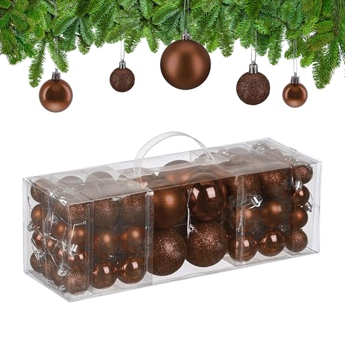 Relaxdays Christmas Baubles, Set of 76, Tree Ornaments, Holiday Decorations, Plastic, Glittery, Matte & Shiny, Brown