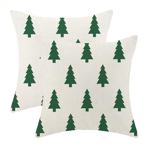 BETGINY Christmas Pillow Covers 18X18 Inch Pack of 2, White Sage Green Christmas Tree Geometric Decorative Throw Pillow Linen Winter Xmas Pillow Cases Cushion for Bedroom Home Sofa
