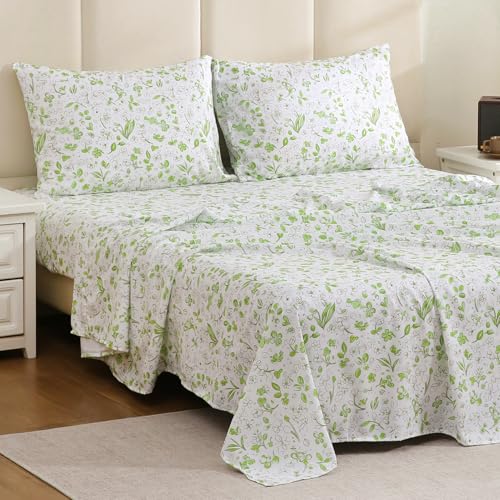 MEISHANG King Sheet Set - Ultra Soft Floral Sheets 100% Microfiber,1800 Thread Count Floral Bed Sheets Oeko-Tex Certificated - 4 Pieces - Green