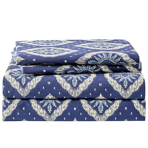 "Yibeizi Queen Boho Printed Sheet Set - 4 Piece - Navy Blue - Floral Geometric - Cooling - Microfiber - 15"" Deep Pocket - Machine Washable"