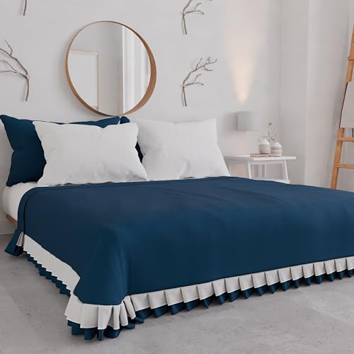 PETTI Artigiani Italiani - Summer Double Bedspread in Cotton, Bedspread with Double Ruffle, Lightweight Double Blanket, Bed Sheet with Frill, Blue, 100% Made in Italy