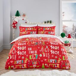 Fusion Christmas Phrases Duvet Cover - King Size (230 x 220cm) - Reversible (2 Designs) - 2x Pillowcases Included - Snowflakes Design in Red & White - 60% Cotton 40% Polyester