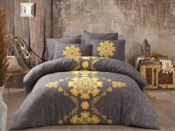 Nuit Des Rêves Ranforce Double Quilt Cover Set (200 x 200 cm), 100% Cotton, Grey & Yellow, 2 Pillowcases (80 x 80 cm), Machine Washable, 140 Thread Count, Button Closure