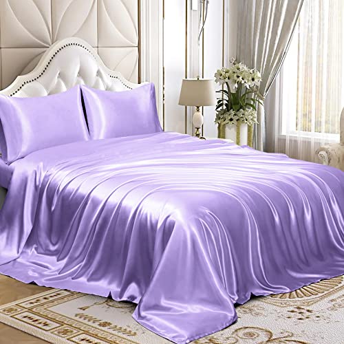 Homiest 4 Piece Satin Bedding Set, Luxury Silky Satin Bedding Set with Deep Pocket, 1 Fitted Sheet + 1 Flat Sheet + 2 Pillowcases (Full Size, Lavender)