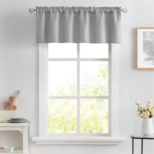 Melodieux Silver Gray Semi Sheer Curtain Valance for Kitchen Cafe Small Windows Linen Rustic Rod Pocket Valance, 52 by 18 Inch, 1 Panel