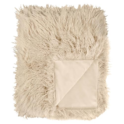 furn. Rowan Throw – Soft Faux Fur Mongolian Style Decorative Blanket with Velvet Reverse (Natural - 130x175cm)