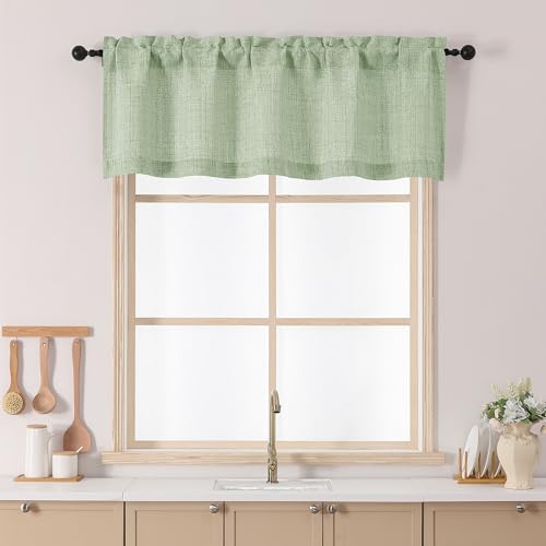 Chyhomenyc Sage Green Valance for Windows - Light Filtering Faux Linen Textured Small Valance Curtains, Farmhouse Rod Pocket Top Short Curtain for Windows Bathroom Basement, 52Wx18L Inch, 1 Piece