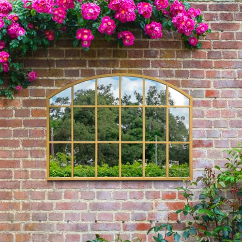 "MirrorOutlet The Arcus - Gold Framed Modern Arched Garden Wall Window Mirror 35"" X 26"" (90CM X 65CM) Silver Mirror Glass with Black All weather Backing.…"