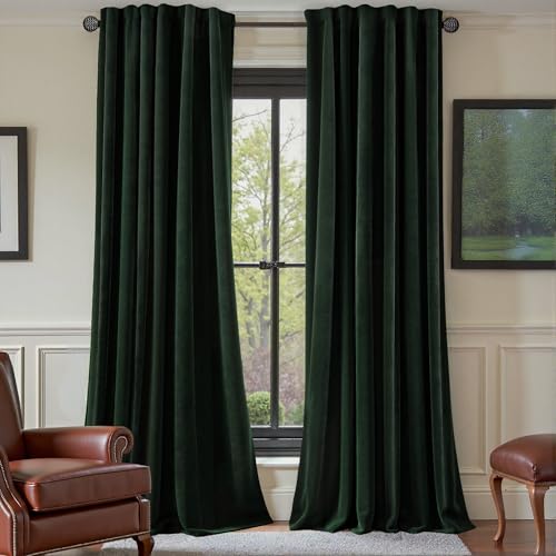 "Nemia Dark Green Velvet Curtains for Bedroom Window with Back Tab, Super Soft Vintage Luxury Heavy Drapes, Thermal Insulated Room Darkening Curtain for Living Room, 52"" W x 96"" L, 2 Panels"