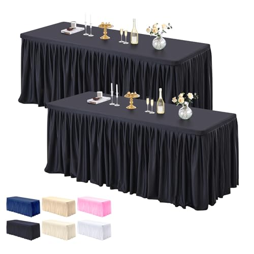 PARTISKY 2 Pack Black Tablecloths for Rectangle Tables 4ft, Wrinkle Resistant Black Table Cover Fitted Stretch Table Cloth with Pleated Ruffle Skirts for Party Banquet Dining Birthday Wedding