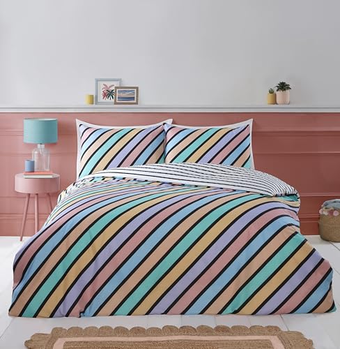 Rapport Home Microfibre Duvet Cover Set - Striped Pastel Coloured Reversible Single Bedding for Kids, Teens & Adults - Soft, Easy Care & Fade Resistant - Pastel